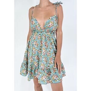 Women’s Blue Floral Print Tie Shoulder Backless Cami Dress Size Medium